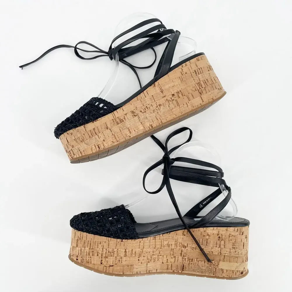 Prada Black Raffia Crochet Logo Cork Platform Lace Up Ankle Tie Sandals IT 41